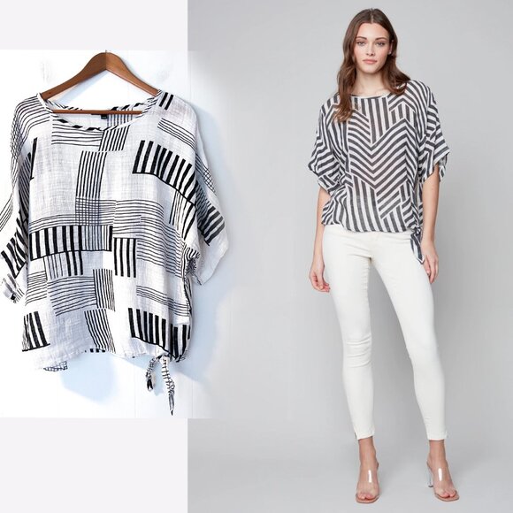 Charlie B Cotton gauze side tie top abstract geometric stripe print blouse XL - Picture 1 of 8